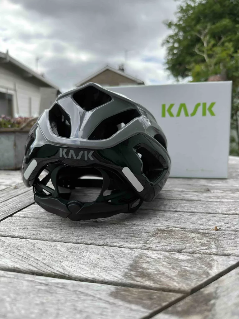 rear of grey kask mojito 3 helmet on a table