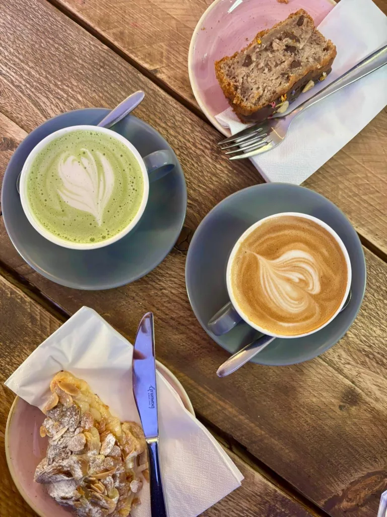 Two coffees and cake from Fika Stamford