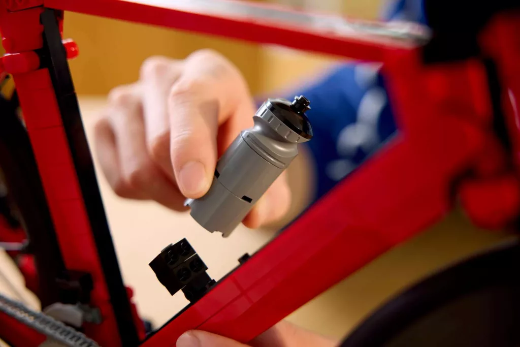 lego water bottle being added to the bike cage
