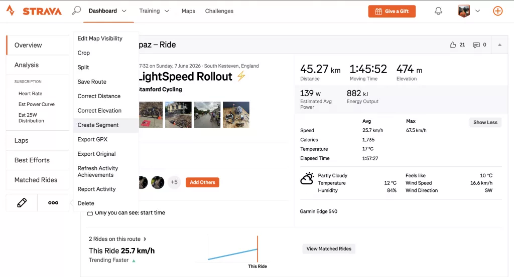 Create a Strava Segment by selecting three dots and navigate to create segment