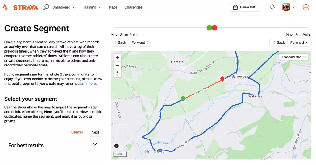 Map of Strava Activity to select your start and end point of a segment