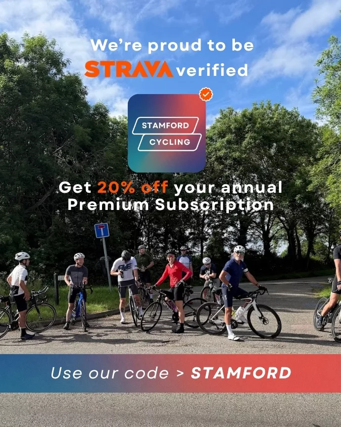 Stamford Cycling club members on a group ride near Stamford, a verified Strava partner offering 20% off annual Premium with code STAMFORD