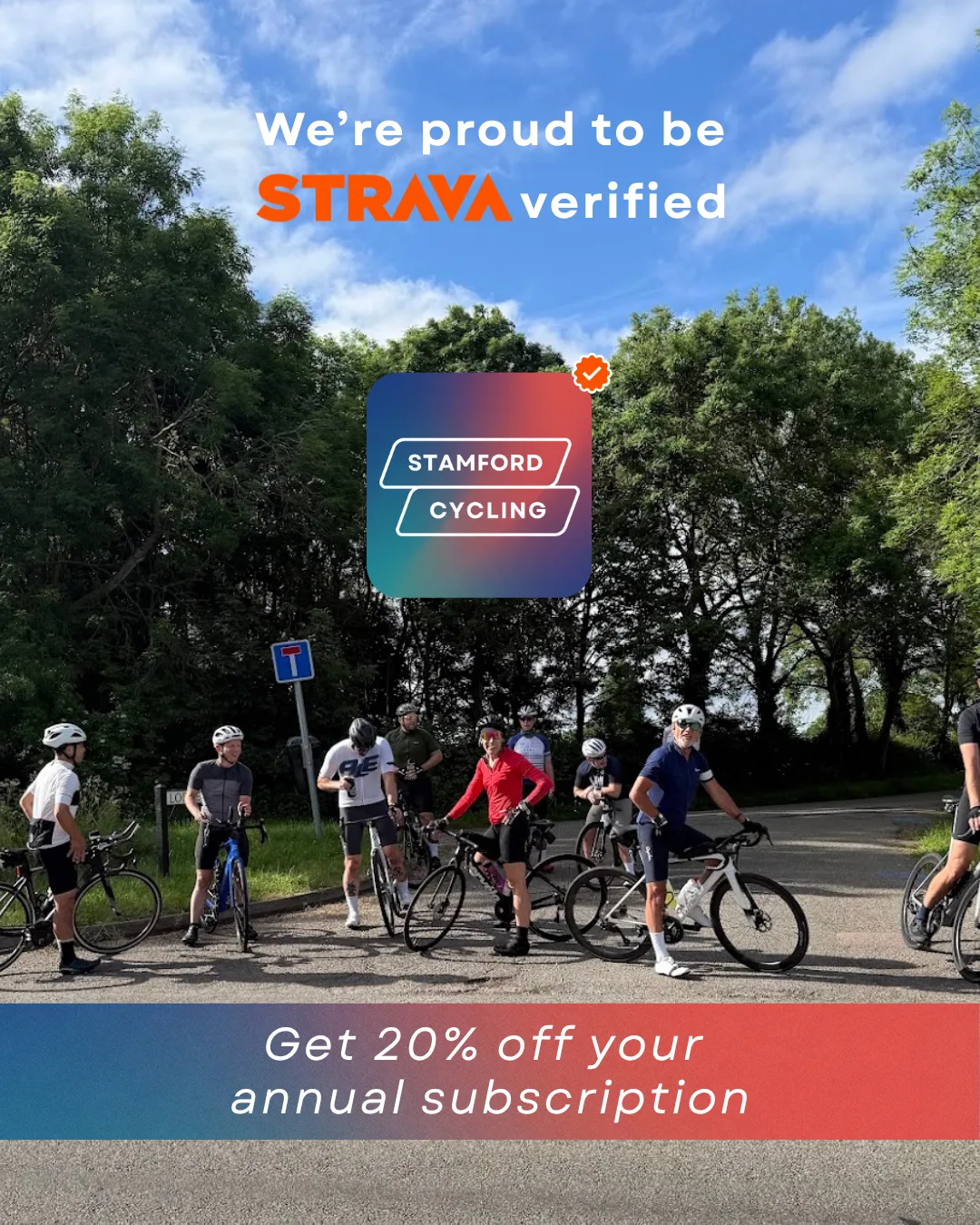 Stamford Cycling club members on a group ride near Stamford, a verified Strava partner offering 20% off annual subsription