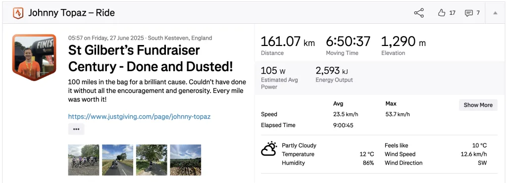 Strava summary of Johnny Topaz 100 mile bike ride in June 2025