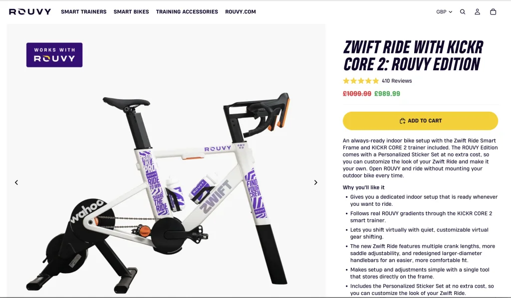 Stamford Cycling 10% Zwift ride v2 discount being applied on Rouvy's shop